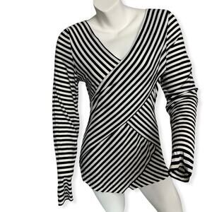 Vince Camuto black white striped long sleeve cross front wrap style top Large